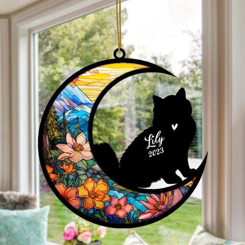 Siberian Cat On Moon Suncatcher, Cat Memorial Suncatcher, Custom with Name Date Cat Breeds Suncatcher, Pet Loss Suncatcher, Gifts for Cat Lovers Christmas Cat Ornament Window Hangings