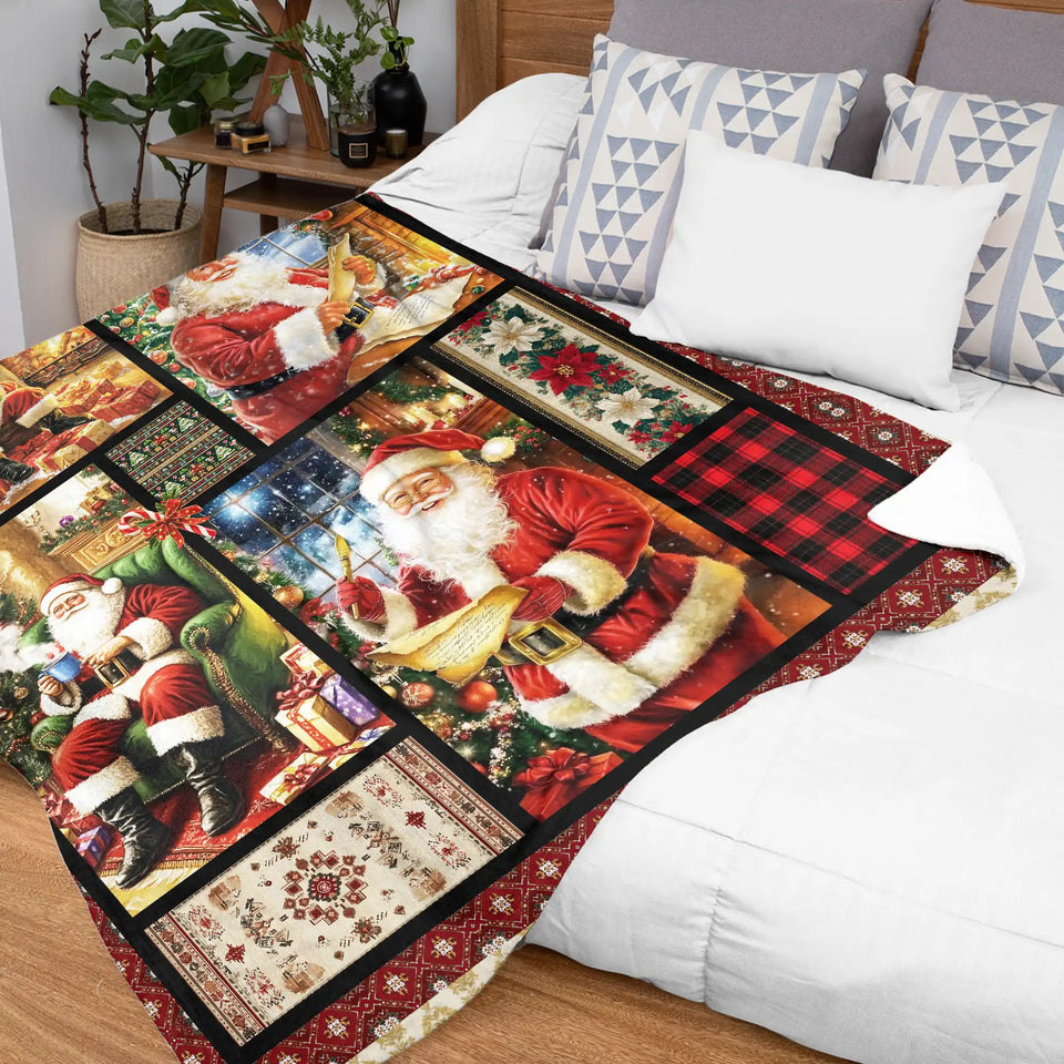 Santa Christmas Blanket – Vintage Patchwork Holiday Throw