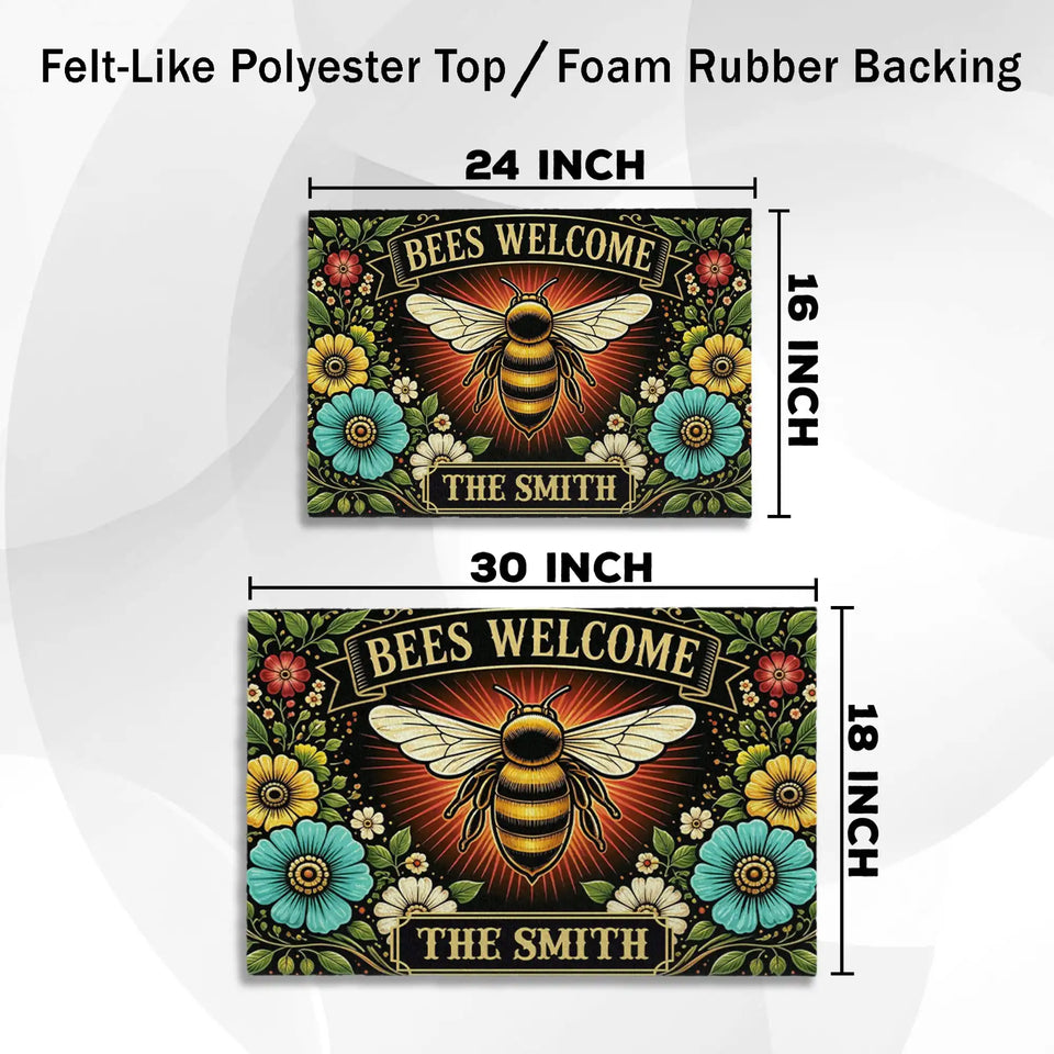 Personalized Floral Bee Doormat – Custom Family Name Welcome Mat