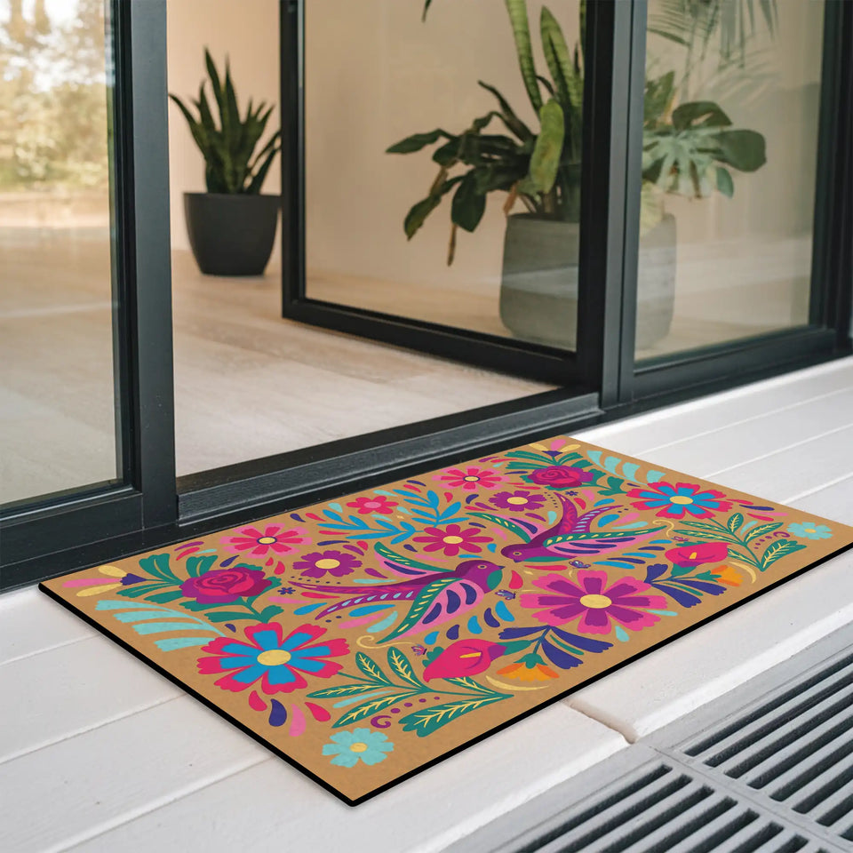 Mexican Folk Art Doormat – Colorful Floral Bird Welcome Mat