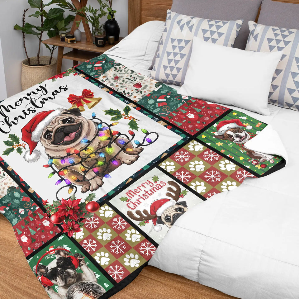Pug Christmas Blanket – Merry Christmas Dog Lover Patchwork Throw
