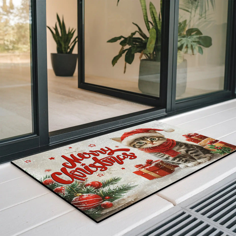 Christmas Cat Doormat – Merry Christmas Kitten Welcome Mat