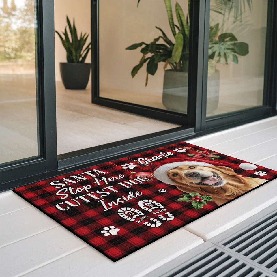 Personalized Dog Christmas Doormat – Santa Stop Here Welcome Mat