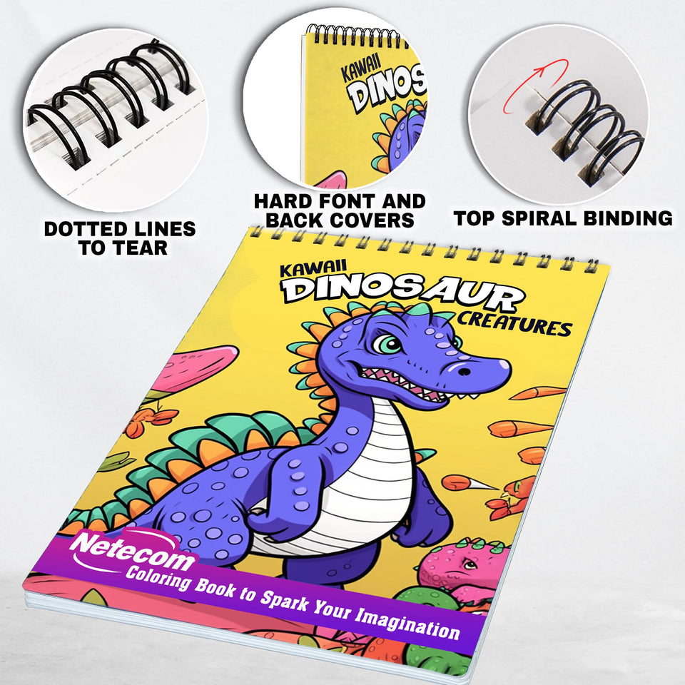 Kawaii Dinosaur Creatures Spiral Bound Coloring Book For Kids, Join the Fun with 30 Festive Coloring Pages, Featuring Kawaii Dinosaur Creatures Celebrating in a Playful and Colorful Atmosphere