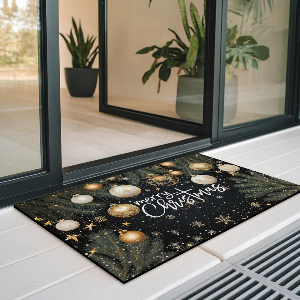 Elegant Christmas Doormat – Black Gold Ornament Welcome Mat