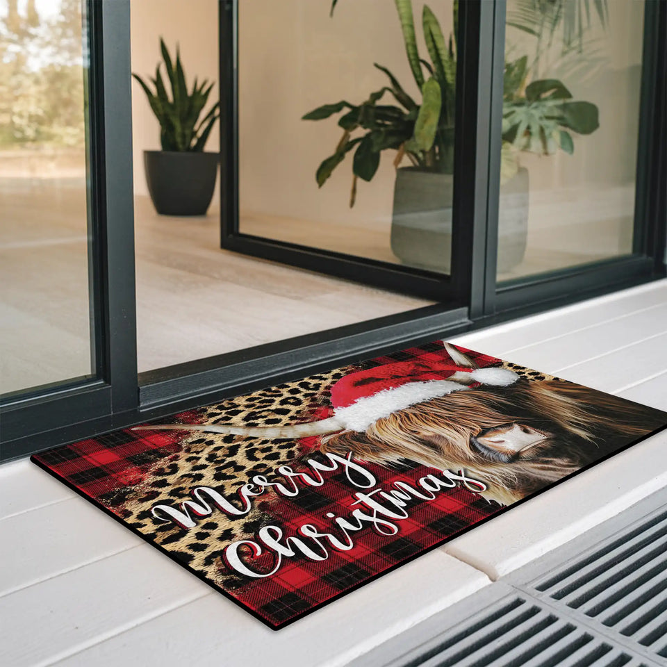 Highland Cow Christmas Doormat – Merry Christmas Welcome Mat