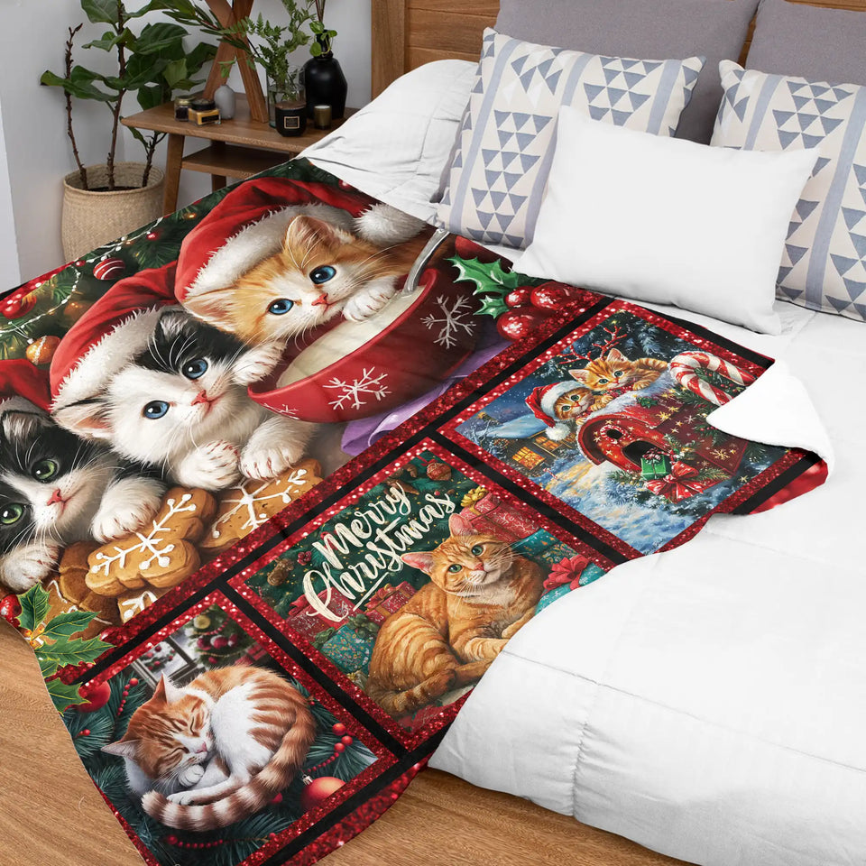 Cat Christmas Blanket – Santa Kitten Patchwork Holiday Throw