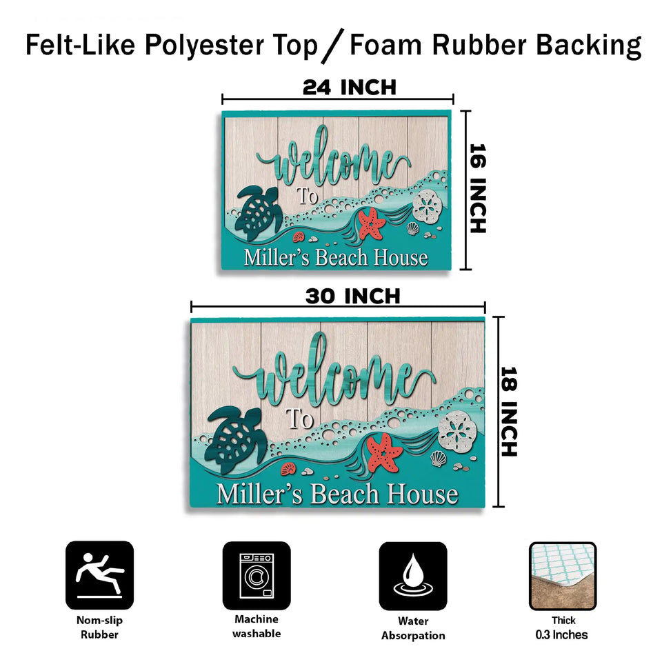 Personalized Beach House Doormat – Custom Family Name Turtle Mat