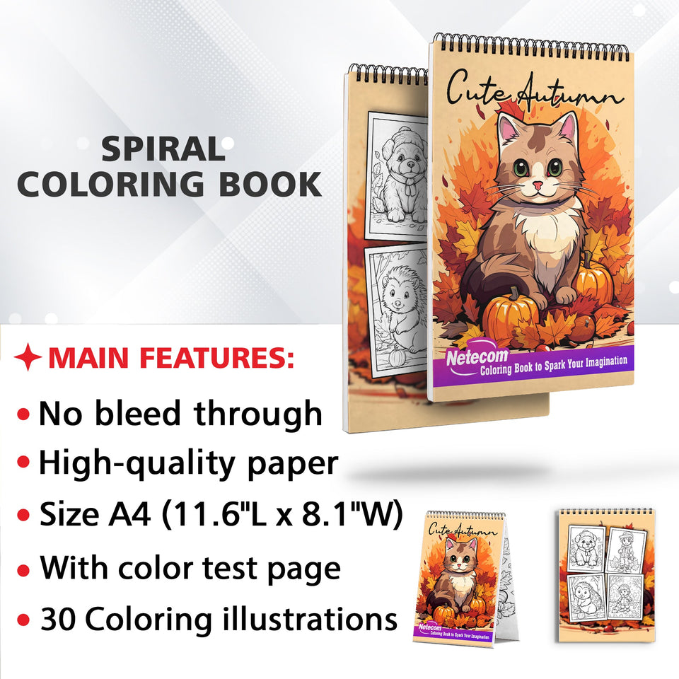 Cute Autumn Spiral Bound Coloring Book, Unleash Your Creativity with 30 Adorable Coloring Pages, Featuring Cute Characters and Autumnal Scenes
