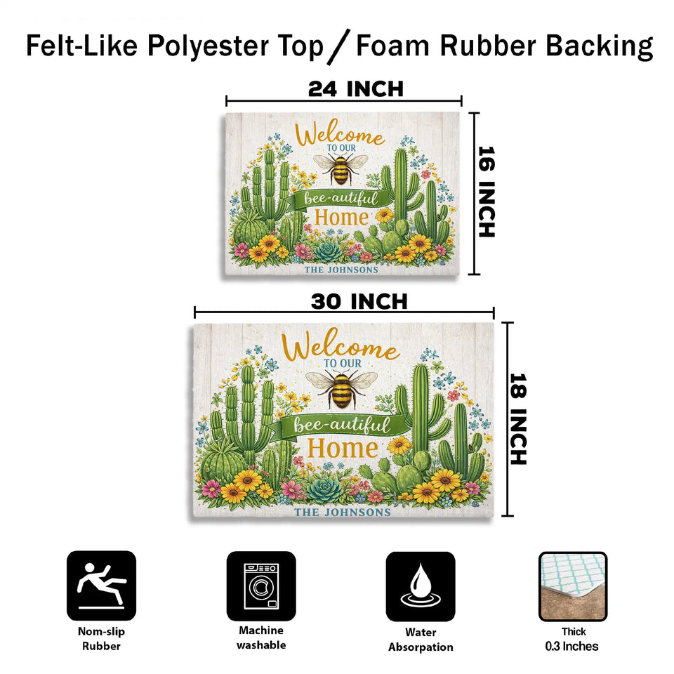 Personalized Bee Cactus Doormat – Custom Family Name Mat