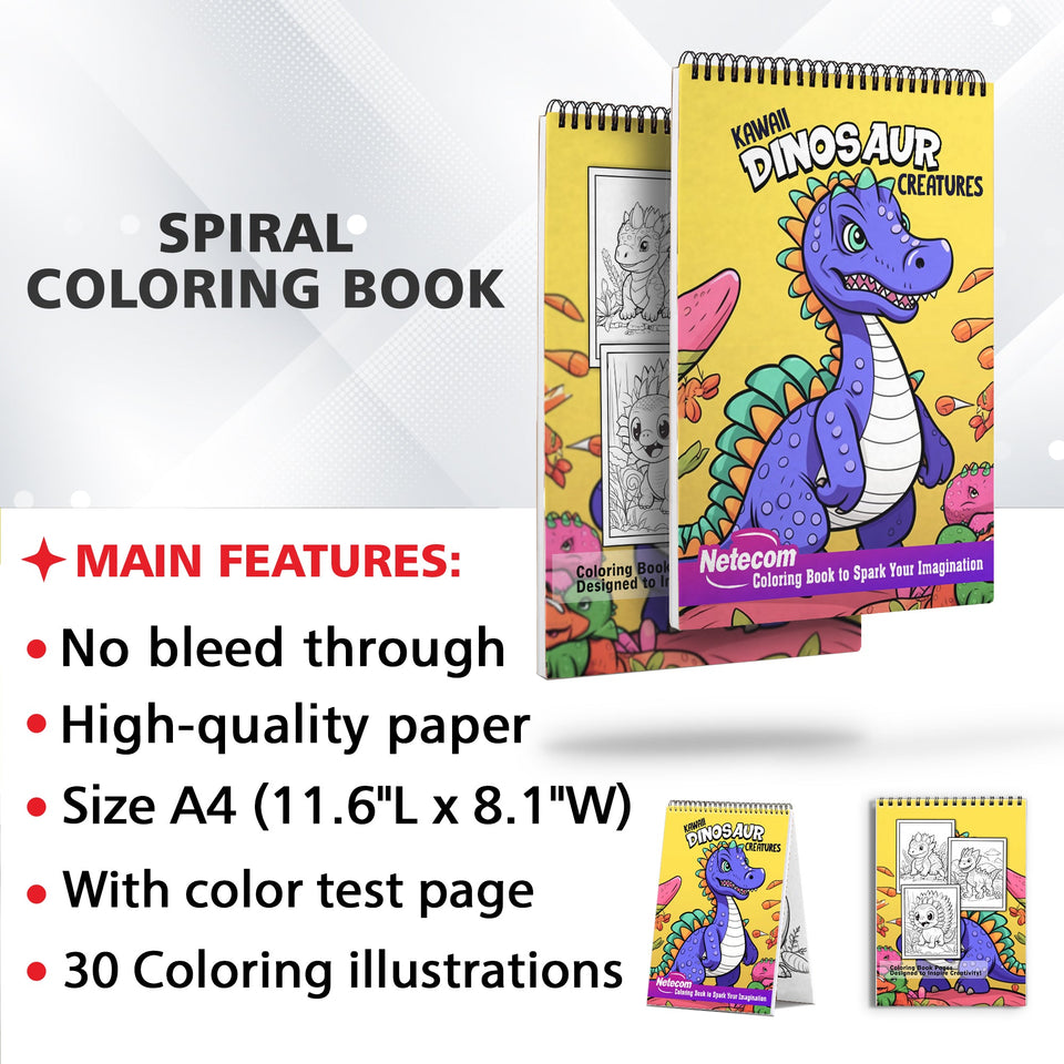 Kawaii Dinosaur Creatures Spiral Bound Coloring Book For Kids, Join the Fun with 30 Festive Coloring Pages, Featuring Kawaii Dinosaur Creatures Celebrating in a Playful and Colorful Atmosphere