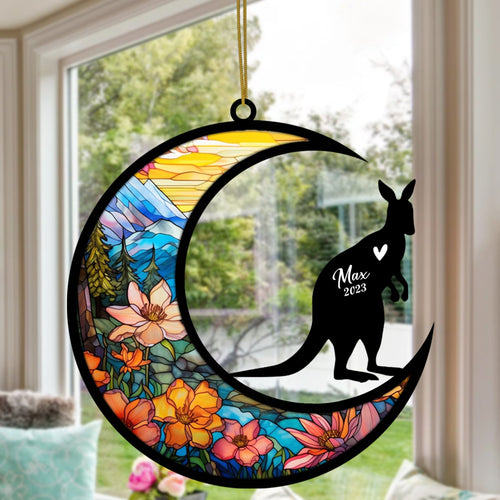 Kangaroo Memorial Suncatcher, Pet Loss Suncatcher Bereavement Kangaroo Loss Gift Personalized with Name Suncatcher Gifts for Kangaroo Lover Hanging Ornament for Xmas, Car, Window Decoration