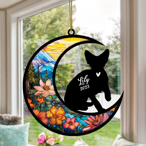 Devon Rex Cat On Moon Suncatcher, Cat Memorial Suncatcher, Custom with Name Date Cat Breeds Suncatcher, Pet Loss Suncatcher, Gifts for Cat Lovers Christmas Cat Ornament Window Hangings