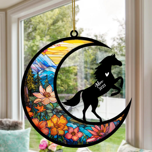Personalized Horse Memorial Suncatcher Ornament Horseback Riding Equestrian Sun catcher Custom Horse Name Sign Hanging Christmas Bereavement Horse Loss Gift Housewarming Horse Lover Gift