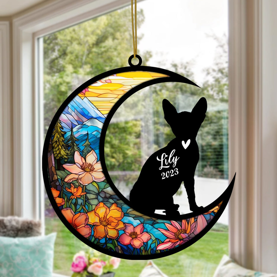 Sphynx Cat Memorial Suncatcher, Personalized with Name Date Sphynx Cat Suncatcher, Pet Loss Suncatcher Light Catcher Gift for Cat Lover Christmas Cat Ornament Window Hangings Decor For Car