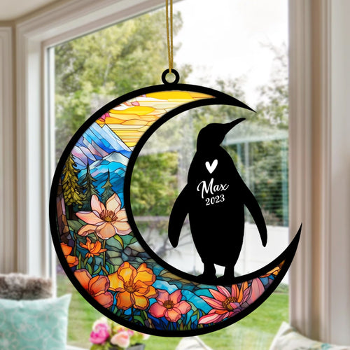 Penguin Memorial Suncatcher, Pet Loss Suncatcher, Bereavement Penguin Loss Gift Personalized with Name Suncatcher Gifts for Penguin Lovers Hanging Ornaments for Xmas, Car, Window Decoration