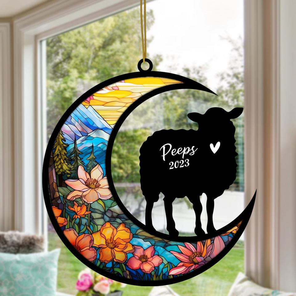 Sheep Memorial Suncatcher, Pet Loss Suncatcher, Bereavement Sheep Loss Gift Personalized with Name Suncatcher Gifts for Sheep Lovers Hanging Ornaments for Xmas, Car, Window Decoration