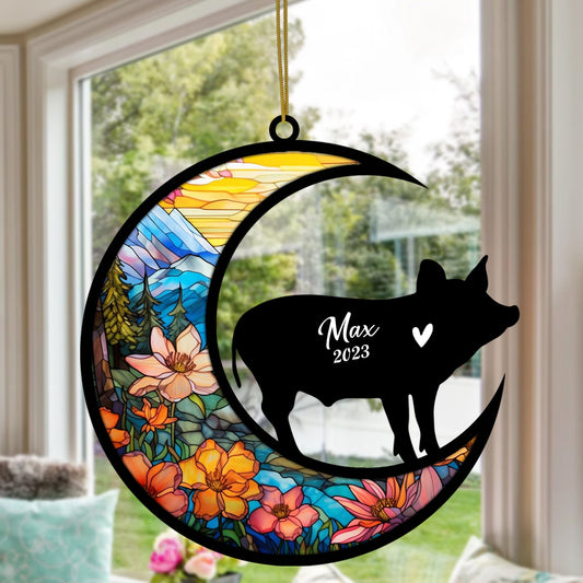 Pig Memorial Suncatcher, Pet Loss Suncatcher, Bereavement Pig Loss Gift Personalized with Name Suncatcher Gifts for Pig Lovers Hanging Ornaments for Xmas, Car, Window Decoration