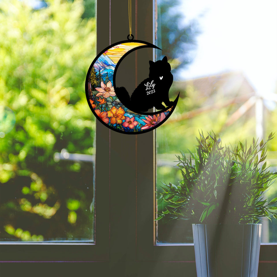 Siberian Cat On Moon Suncatcher, Cat Memorial Suncatcher, Custom with Name Date Cat Breeds Suncatcher, Pet Loss Suncatcher, Gifts for Cat Lovers Christmas Cat Ornament Window Hangings