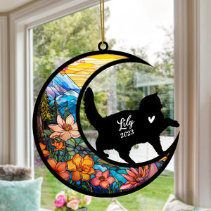 British Shorthair Cat On Moon Suncatcher, Cat Memorial Suncatcher, Custom with Name Date Cat Breeds Suncatcher, Pet Loss Suncatcher, Gifts for Cat Lovers Christmas Cat Ornament Car Hangings