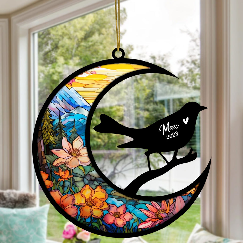 Birds Memorial Suncatcher, Pet Loss Suncatcher, Bereavement Birds Loss Gift Personalized with Name Suncatcher Gifts for Bird Lovers Hanging Ornaments for Xmas, Car, Window Decoration