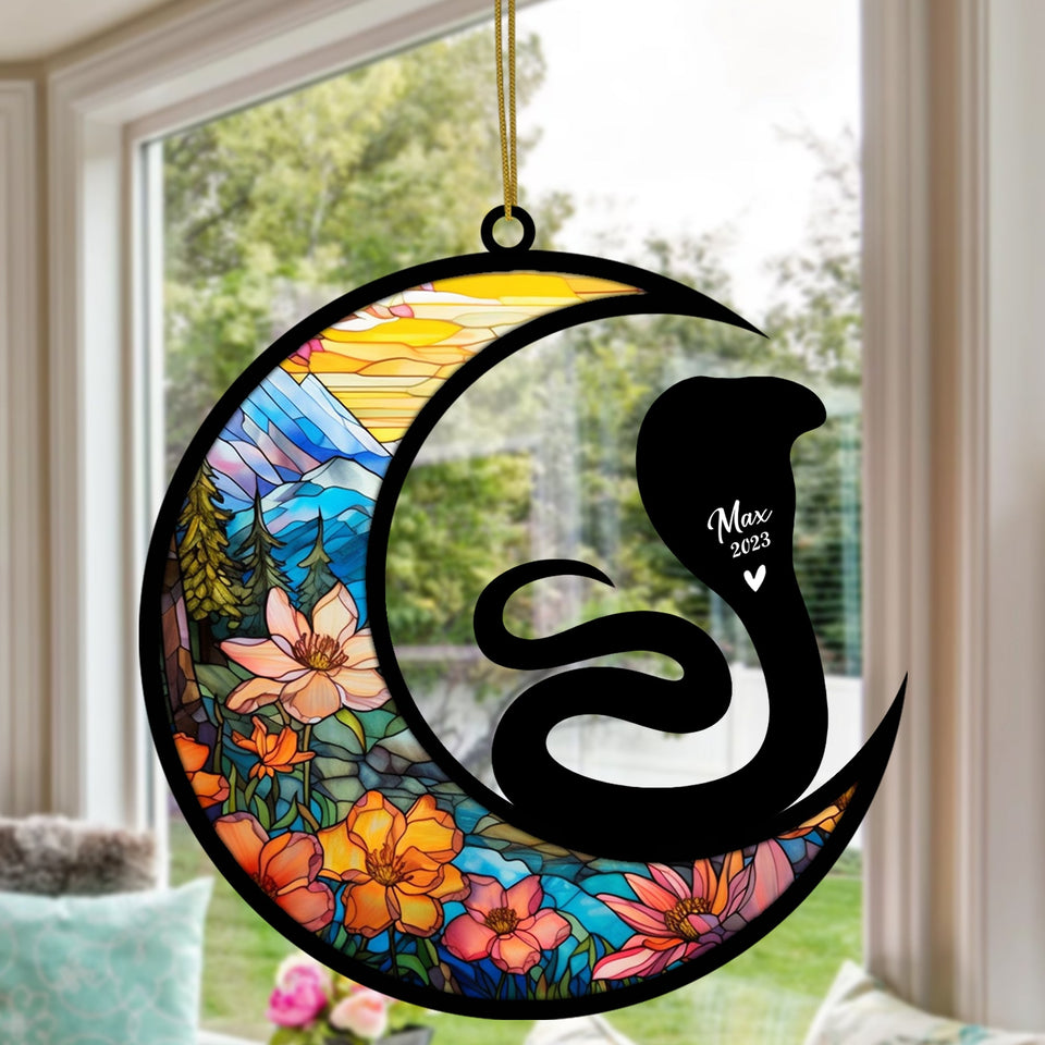 Snake Memorial Suncatcher, Pet Loss Suncatcher, Bereavement Snake Loss Gift Personalized with Name Suncatcher Gifts for Snake Lovers Hanging Ornaments for Xmas, Car, Window Decoration