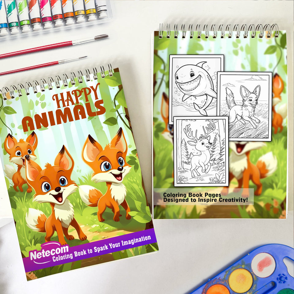 Happy Animals Spiral Bound Coloring Book, Immerse Yourself in 30 Captivating Coloring Pages, Inviting You to Color Animals Radiating with Pure Happiness and Excitement