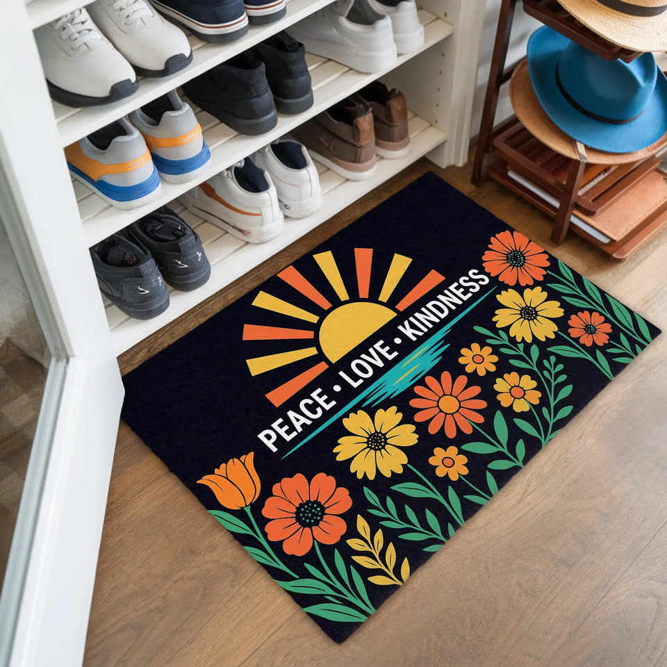 Peace Love Kindness Doormat – Retro Floral Sunrise Welcome Mat