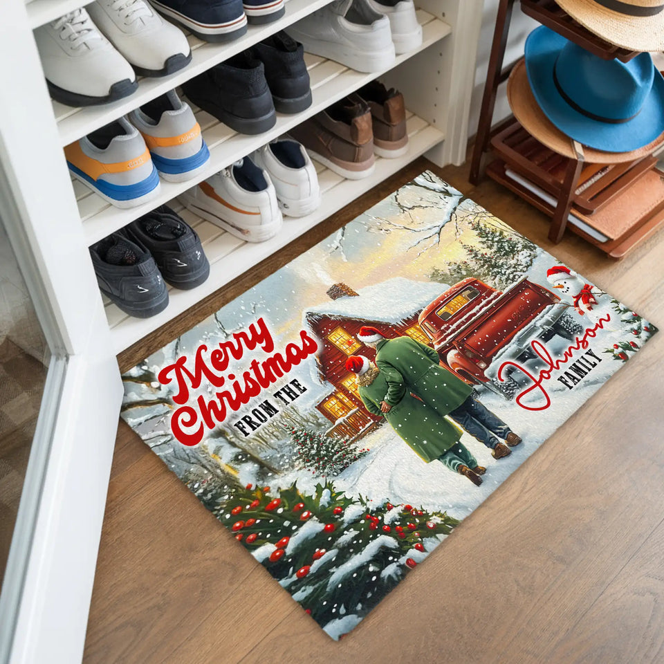 Personalized Family Christmas Doormat – Red Truck Welcome Mat