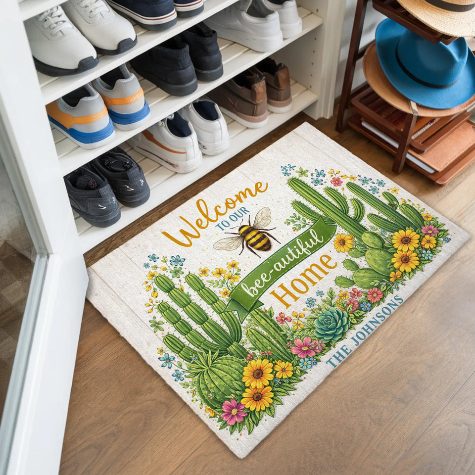 Personalized Bee Cactus Doormat – Custom Family Name Mat