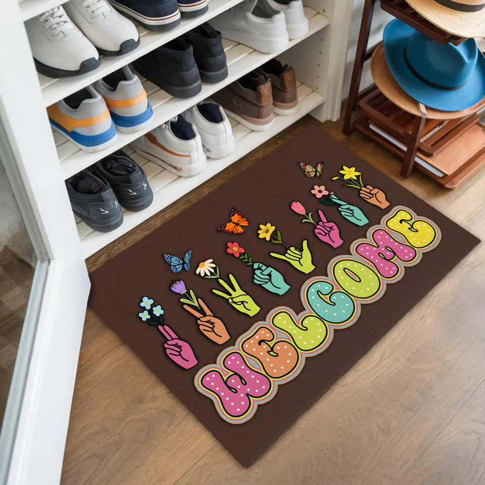 Retro Hand Gesture Doormat – Colorful Floral Welcome Mat