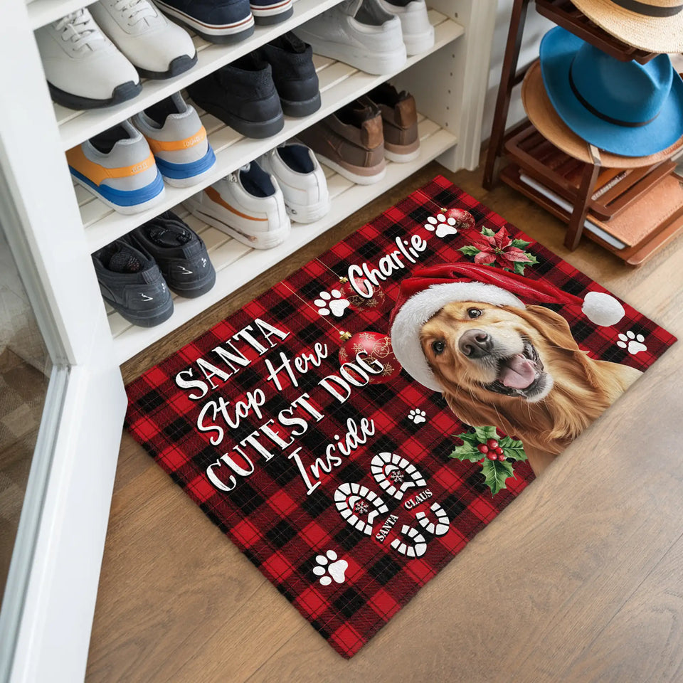 Personalized Dog Christmas Doormat – Santa Stop Here Welcome Mat