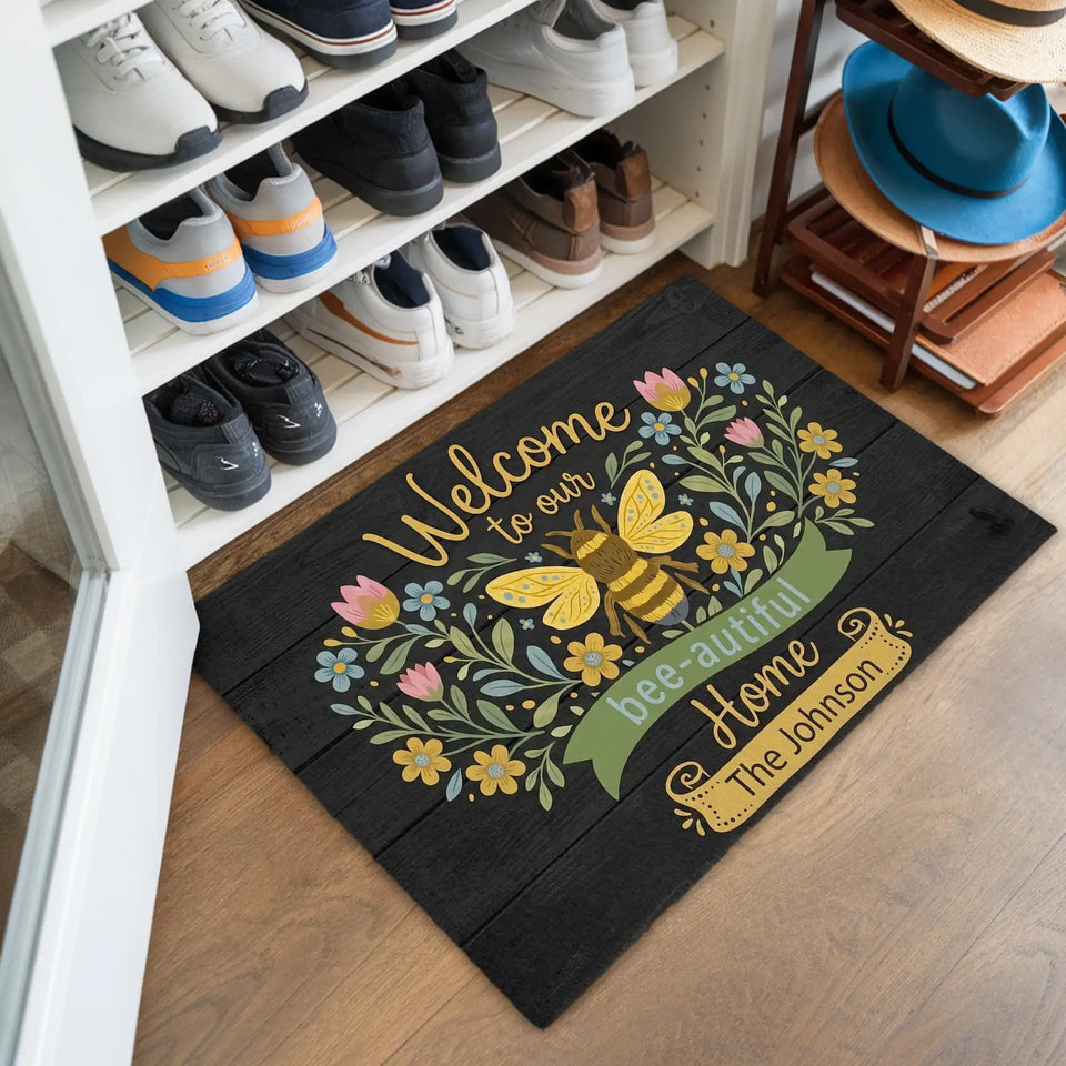 Personalized Bee Doormat – Custom Family Name Welcome Mat