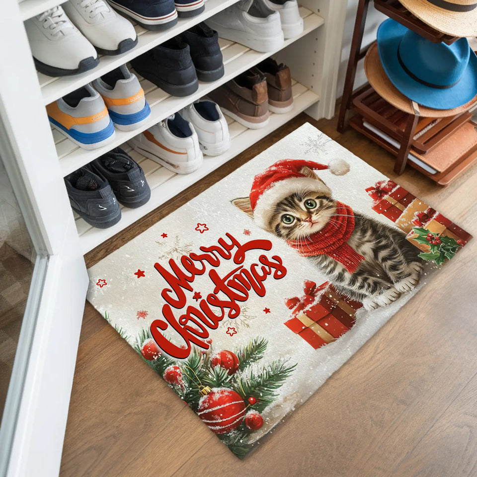 Christmas Cat Doormat – Merry Christmas Kitten Welcome Mat