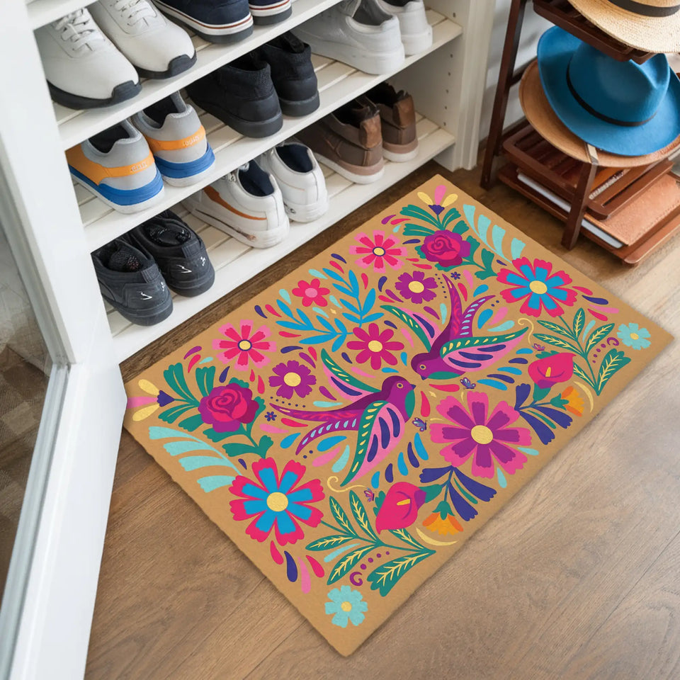 Mexican Folk Art Doormat – Colorful Floral Bird Welcome Mat