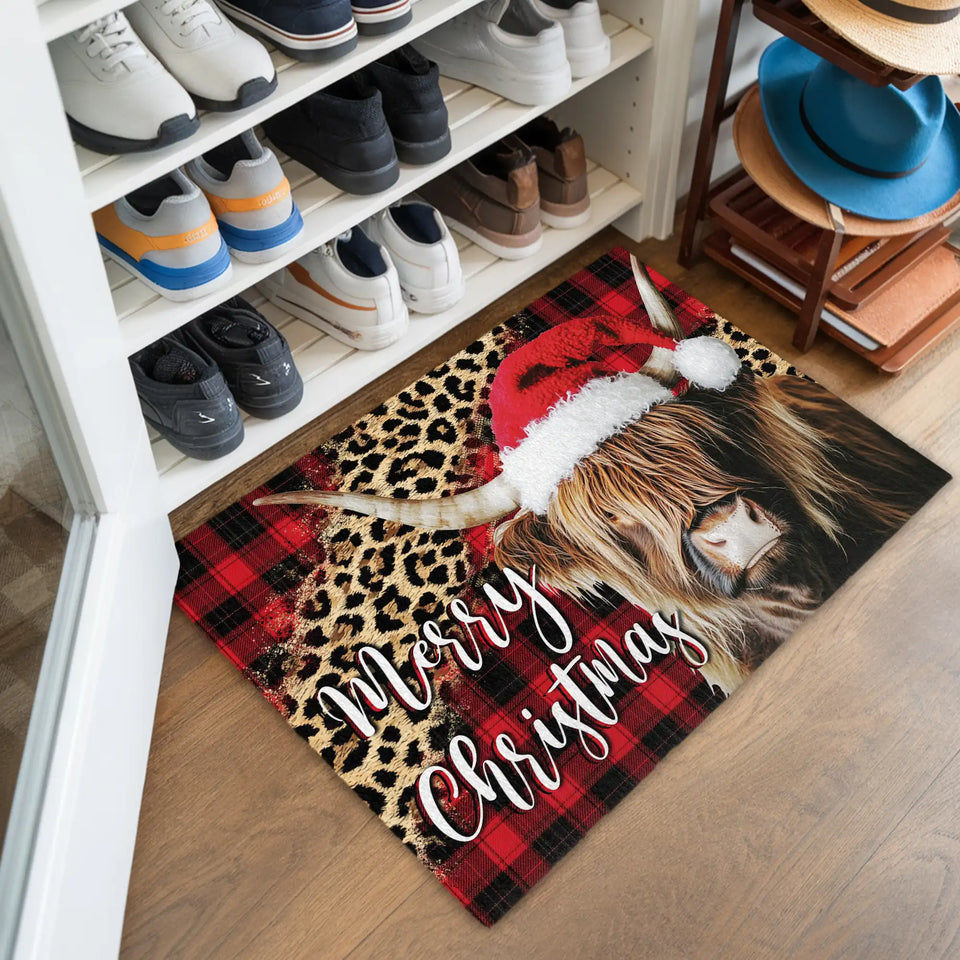 Highland Cow Christmas Doormat – Merry Christmas Welcome Mat
