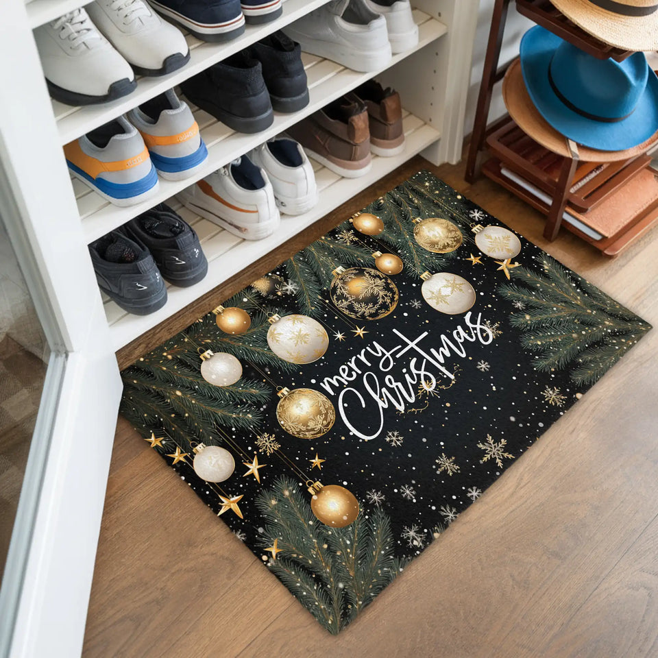 Elegant Christmas Doormat – Black Gold Ornament Welcome Mat