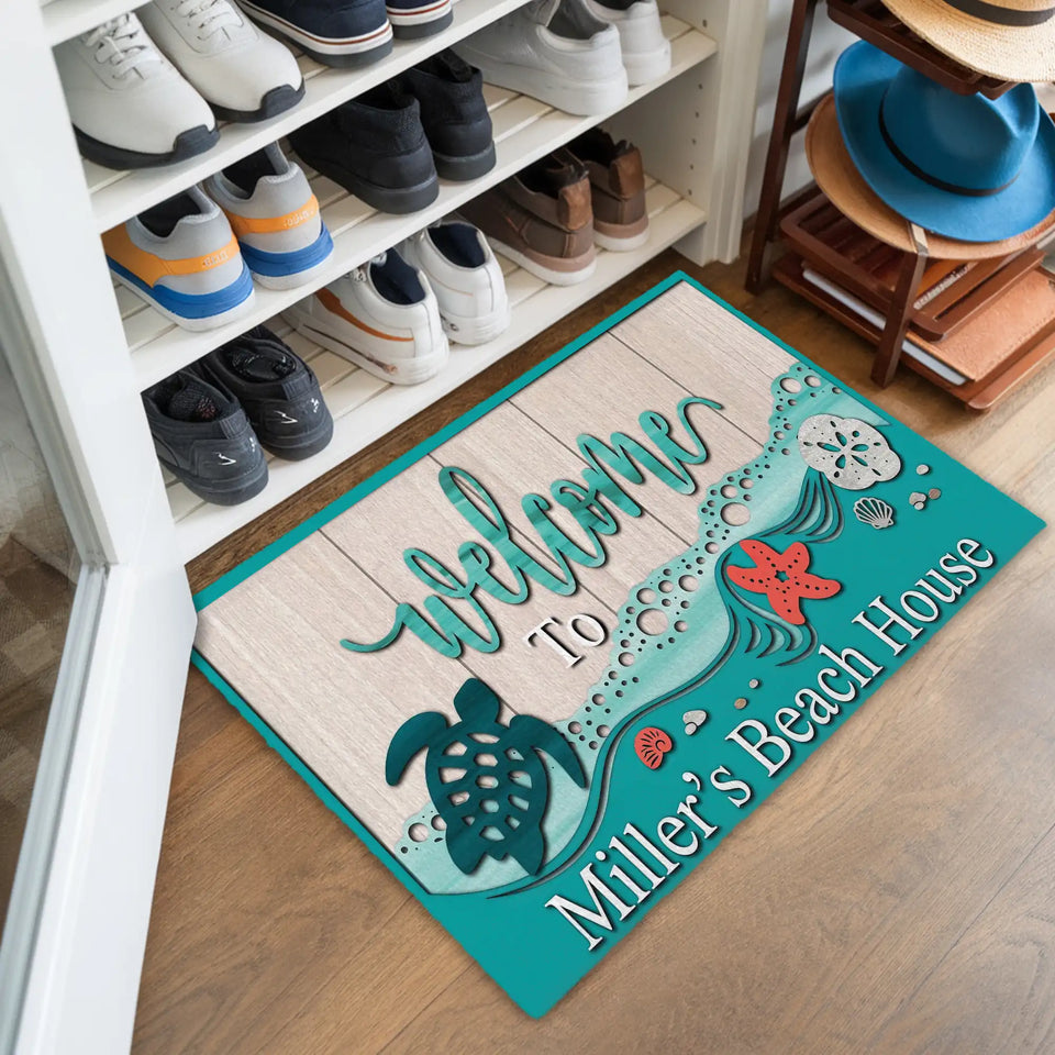 Personalized Beach House Doormat – Custom Family Name Turtle Mat