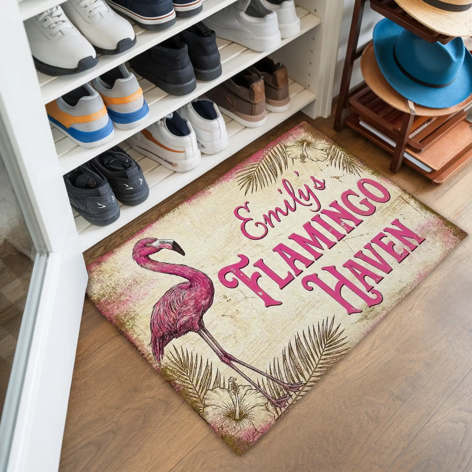 Personalized Vintage Flamingo Doormat – Custom Name Tropical Mat