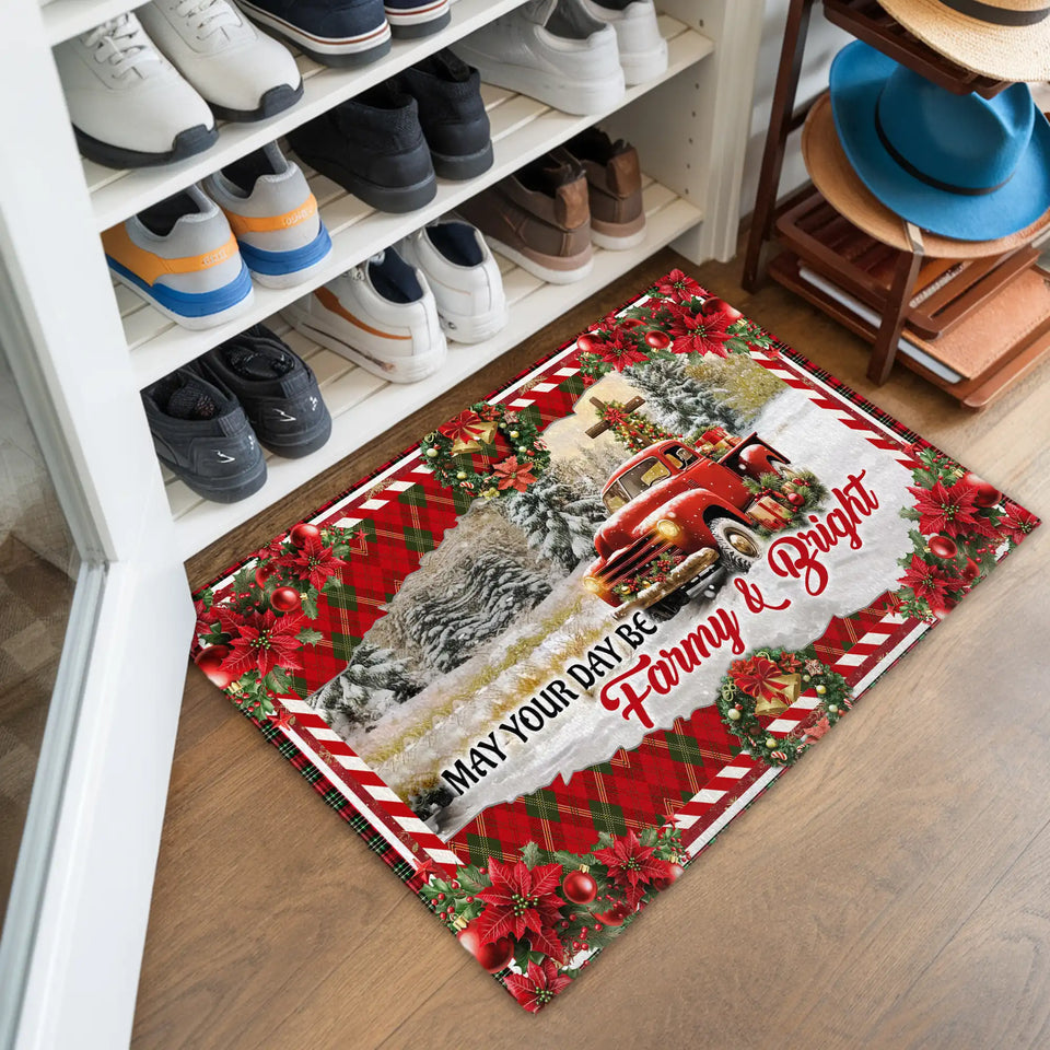 Farmhouse Christmas Doormat – Red Truck Holiday Welcome Mat