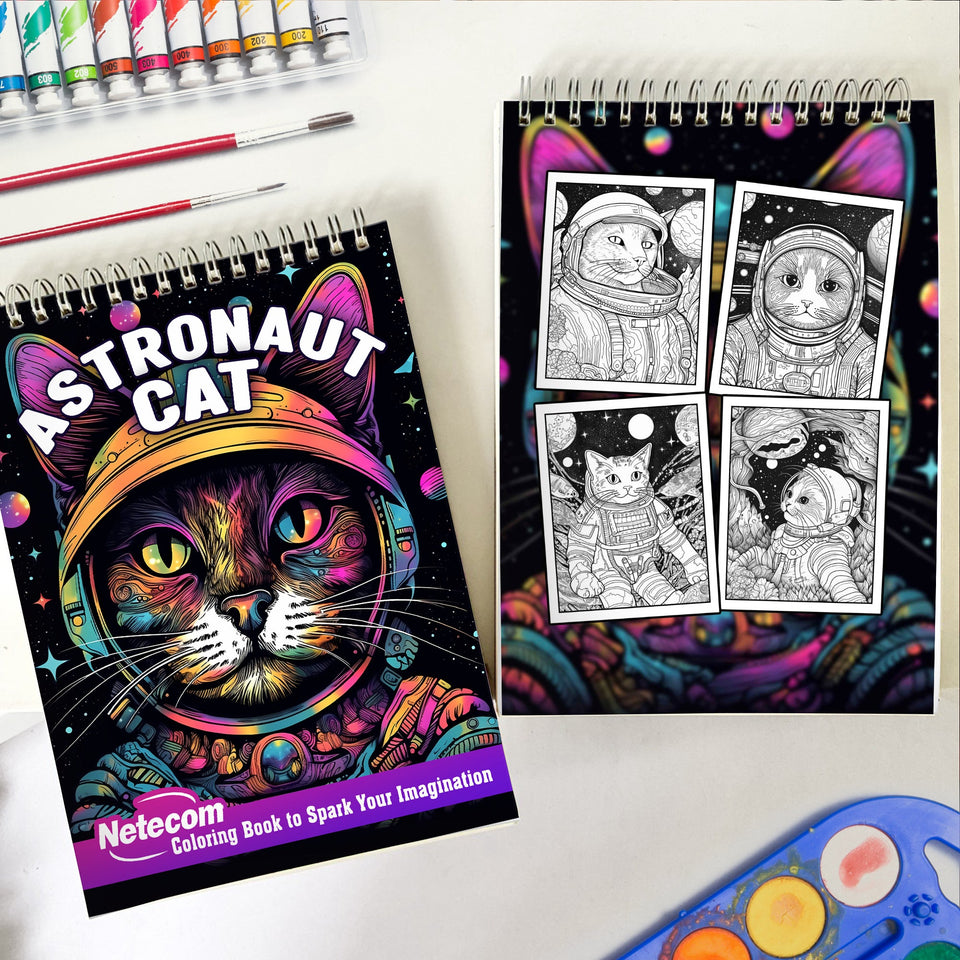 Astronaut Cat Spiral Bound Coloring Book, Blast off into Coloring Excitement with 30 Pages, Bringing Astronaut Cats and Cosmic Adventures to Life