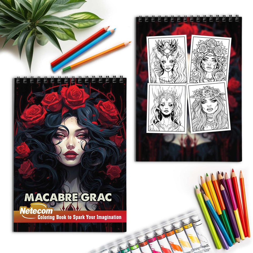 Macabre Grace Spiral Bound Coloring Book, Delight in 30 Whimsical Coloring Pages of Macabre Grace for Gothic Art Admirers to Embrace the Quirky Charm and Sophisticated Creepy Vibes of Elegantly Dark Scenes