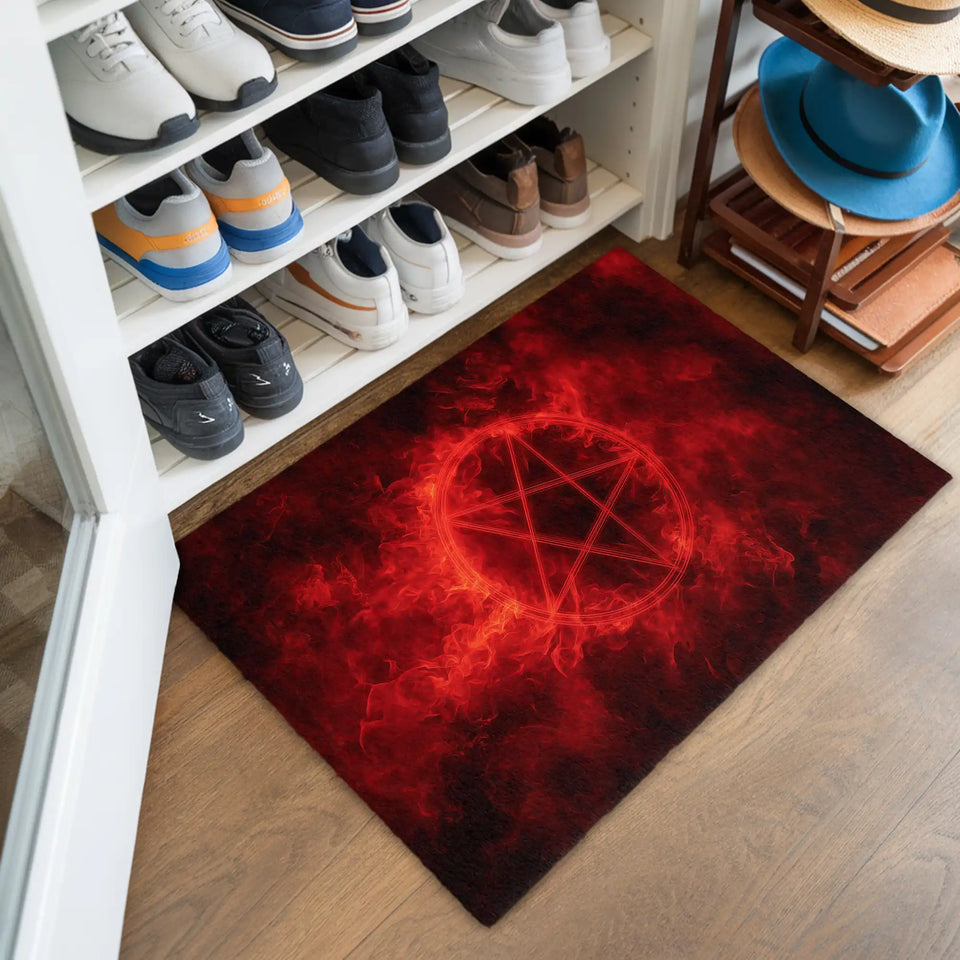Red Pentagram Doormat – Gothic Occult Welcome Mat
