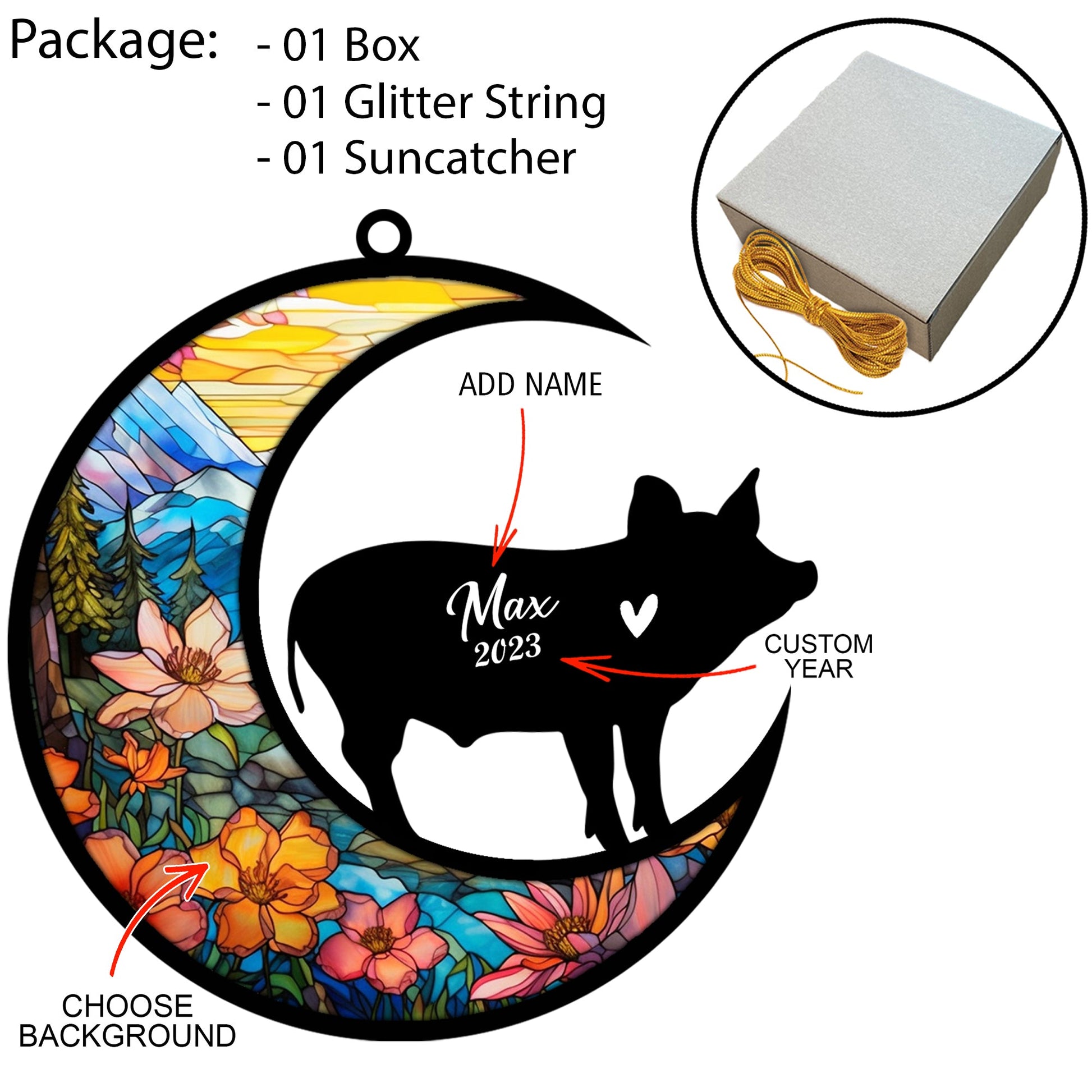 Pig Memorial Suncatcher, Pet Loss Suncatcher, Bereavement Pig Loss Gift Personalized with Name Suncatcher Gifts for Pig Lovers Hanging Ornaments for Xmas, Car, Window Decoration
