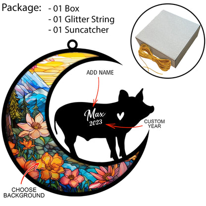 Pig Memorial Suncatcher, Pet Loss Suncatcher, Bereavement Pig Loss Gift Personalized with Name Suncatcher Gifts for Pig Lovers Hanging Ornaments for Xmas, Car, Window Decoration