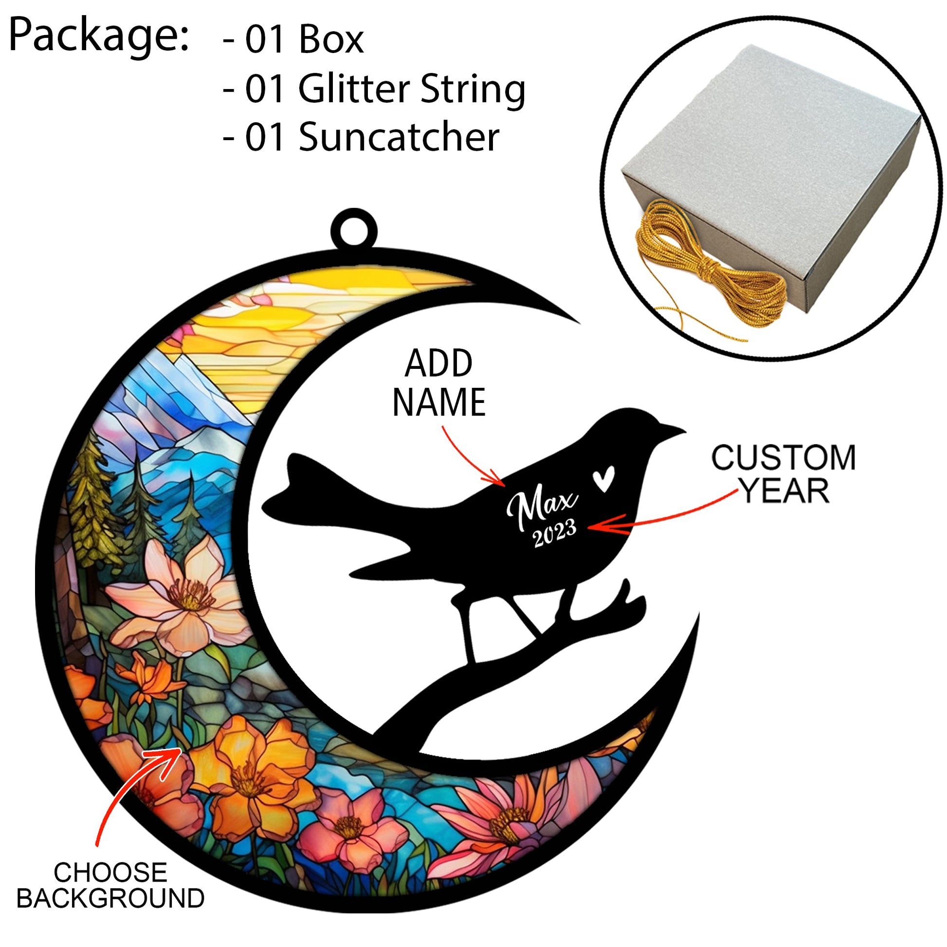 Birds Memorial Suncatcher, Pet Loss Suncatcher, Bereavement Birds Loss Gift Personalized with Name Suncatcher Gifts for Bird Lovers Hanging Ornaments for Xmas, Car, Window Decoration