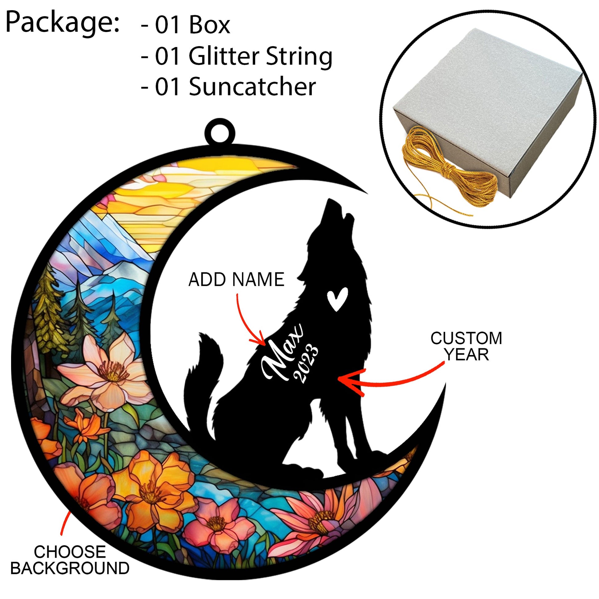 Custom Wolf Memorial Suncatcher Ornament Decoration, Wolf Light Catcher Car Windows Hangings, Bereavement Wolf Loss Gift Personalized with Name Suncatcher Memorial Gifts for Wolf Lovers