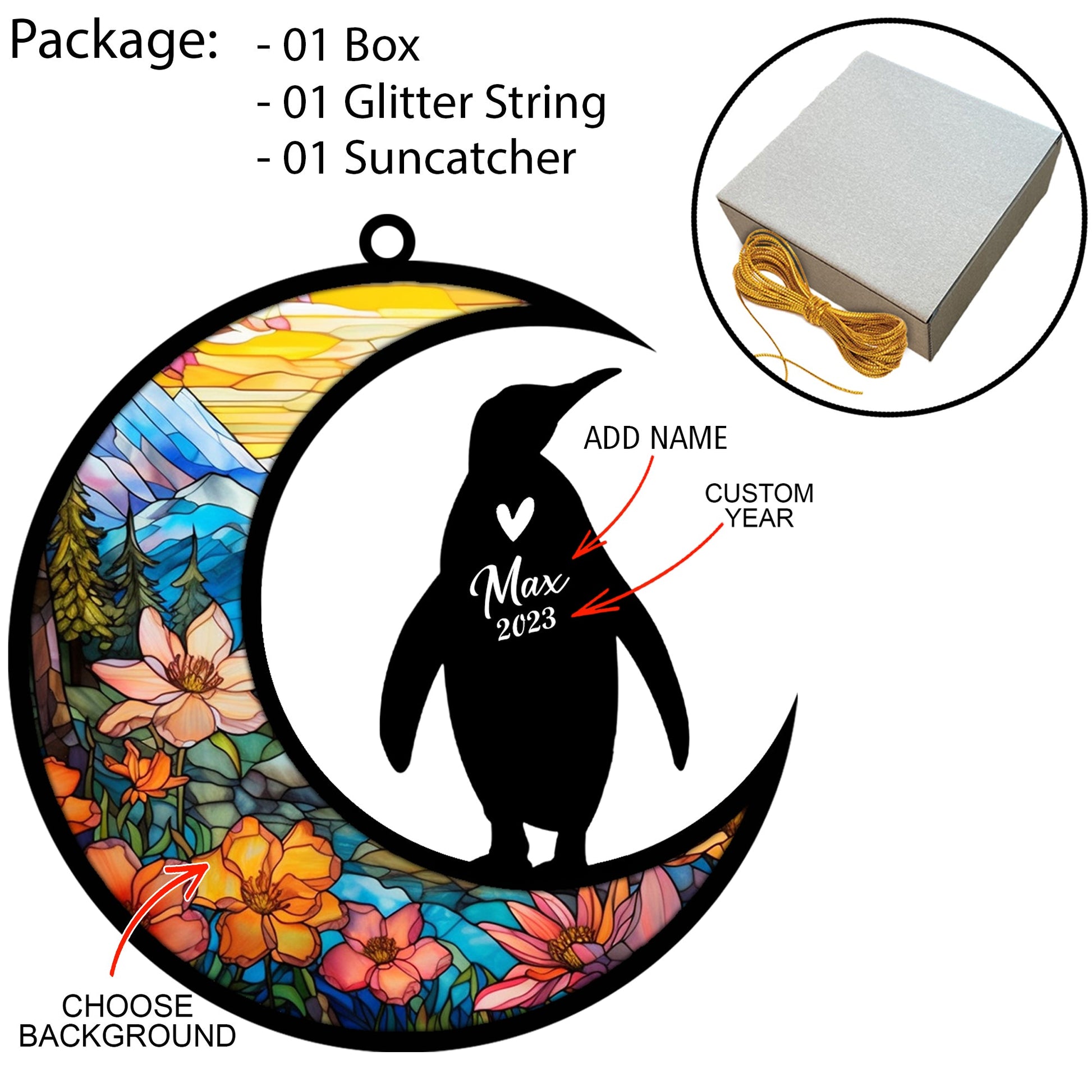 Penguin Memorial Suncatcher, Pet Loss Suncatcher, Bereavement Penguin Loss Gift Personalized with Name Suncatcher Gifts for Penguin Lovers Hanging Ornaments for Xmas, Car, Window Decoration