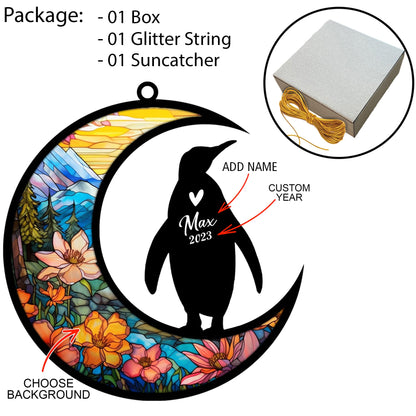 Penguin Memorial Suncatcher, Pet Loss Suncatcher, Bereavement Penguin Loss Gift Personalized with Name Suncatcher Gifts for Penguin Lovers Hanging Ornaments for Xmas, Car, Window Decoration