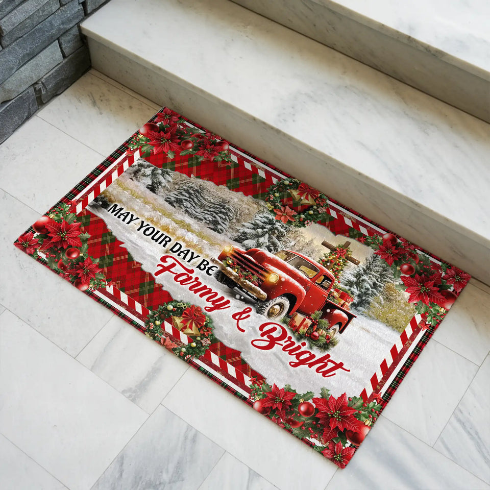 Farmhouse Christmas Doormat – Red Truck Holiday Welcome Mat